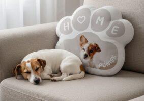 poduszka w kształcie łapki ze zdjęciem psa