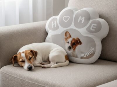 poduszka w kształcie łapki ze zdjęciem psa