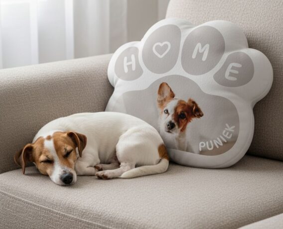 poduszka w kształcie łapki ze zdjęciem psa
