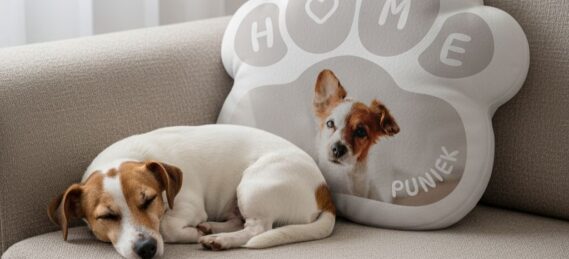 poduszka w kształcie łapki ze zdjęciem psa