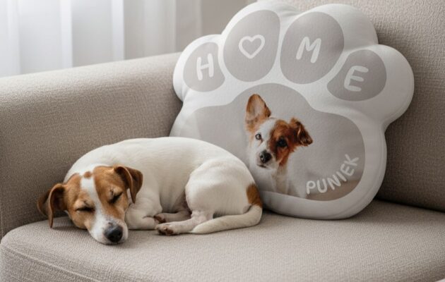 poduszka w kształcie łapki ze zdjęciem psa