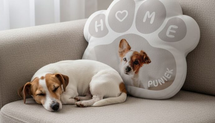 poduszka w kształcie łapki ze zdjęciem psa