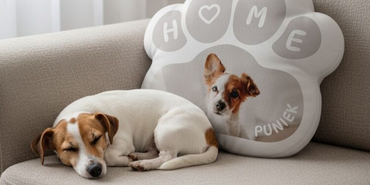 poduszka w kształcie łapki ze zdjęciem psa